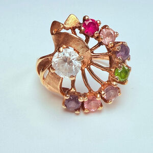 Estate Romany 14K Solid Yellow Gold Multi Gemstone Ruby Sapphire Amethyst Ring